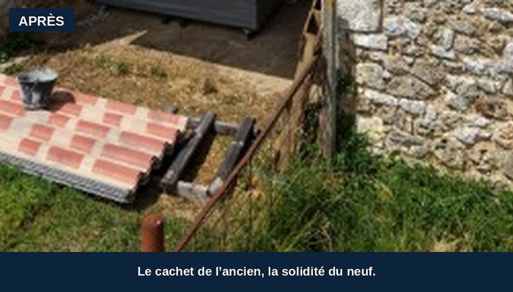 Terrasse carrelée rénovée près d’un mur en pierre, Taponnat-Fleurignac