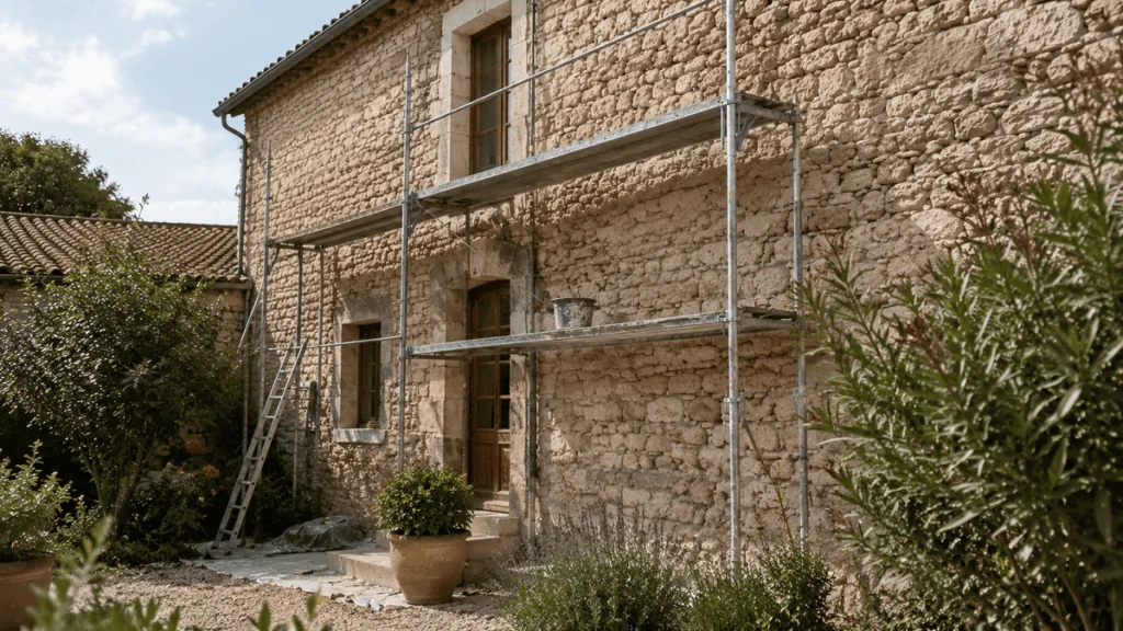 Échafaudage devant une maison en pierre en rénovation