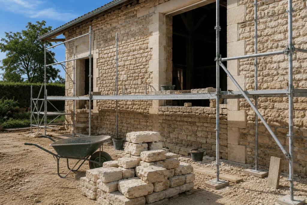 Rénovation d’une maison en pierre avec échafaudage