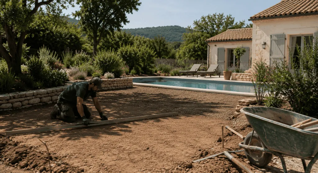 Jardinier nivelant un terrain près d’une piscine