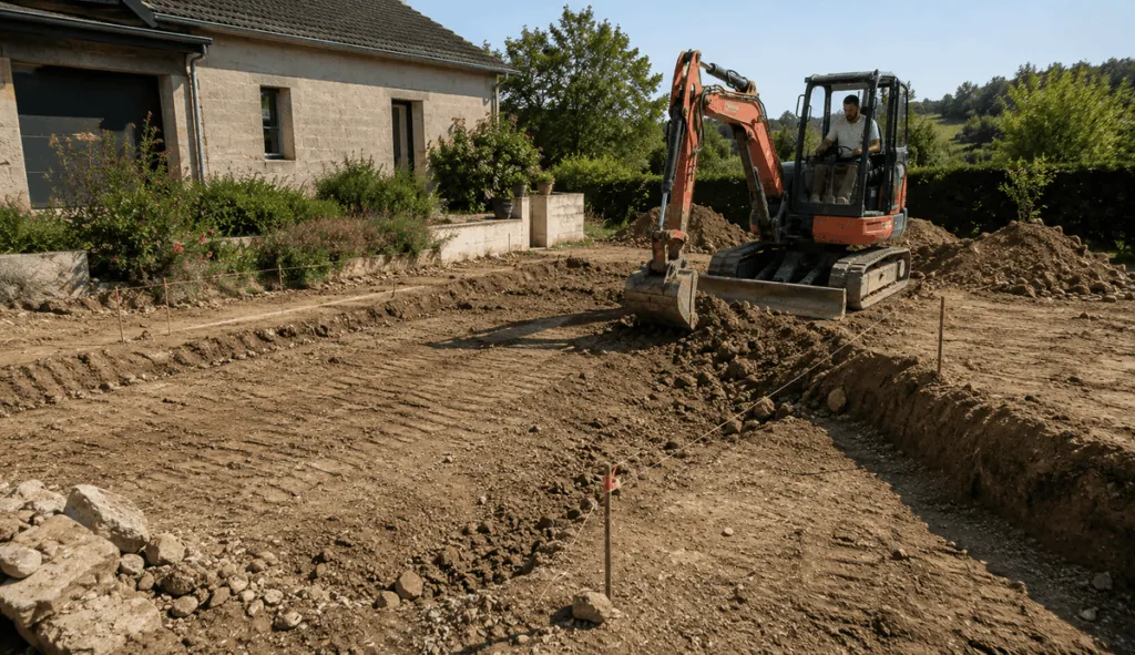Mini-pelle préparant les fondations d’une maison