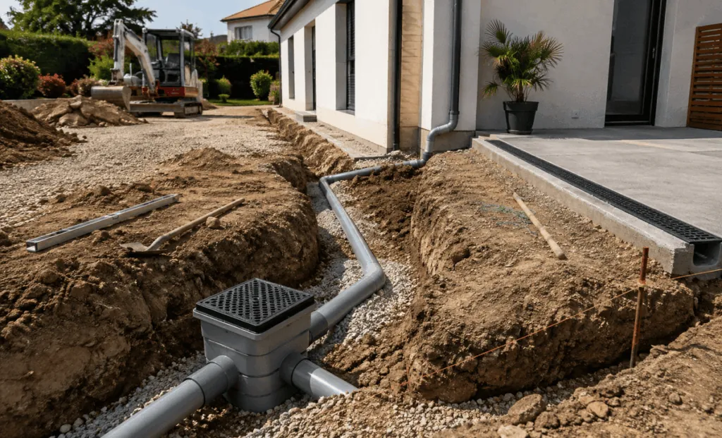 Installation de drainage autour d’une maison en construction