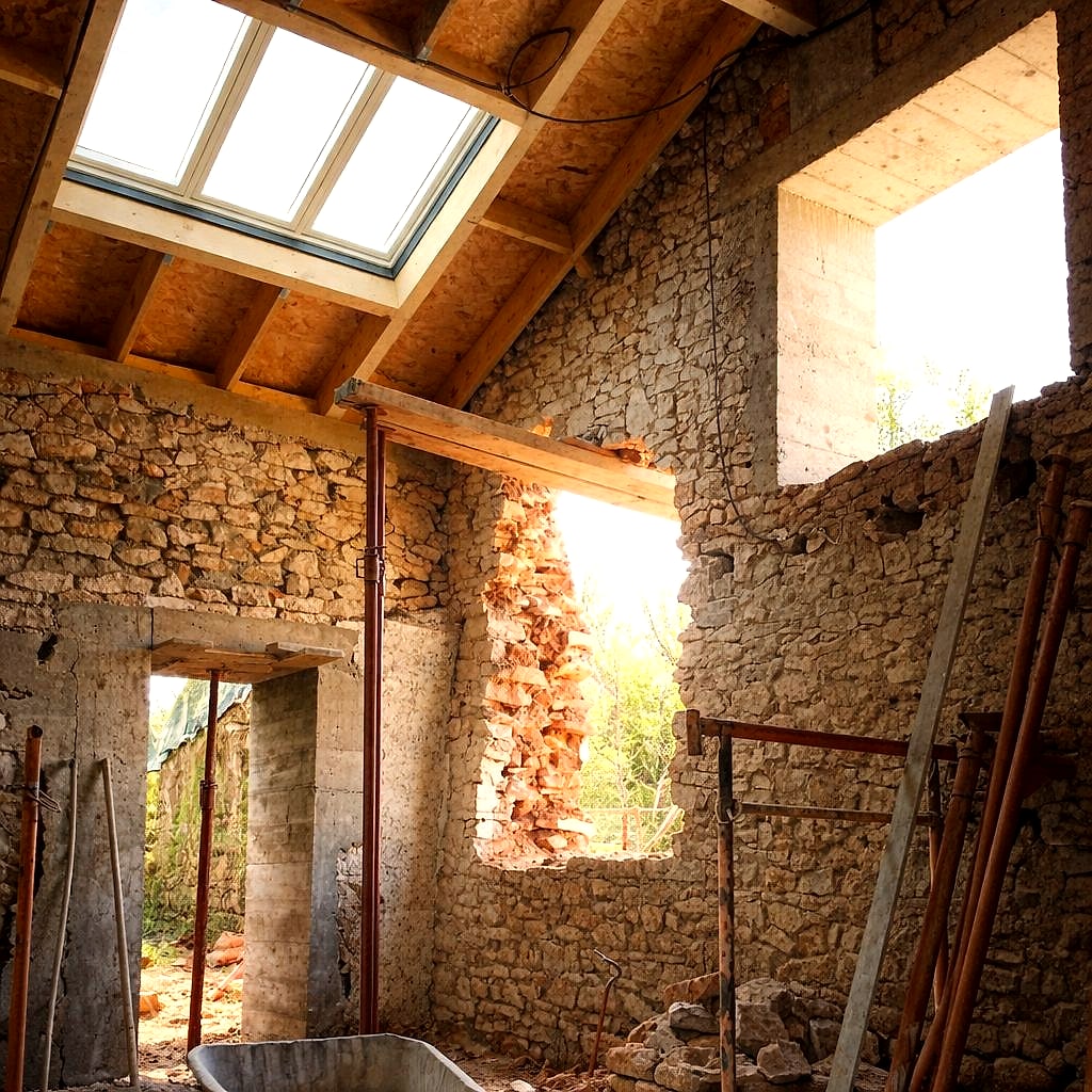 Intérieur de la grange en rénovation, charpente neuve et verrière, Taponnat-Fleurignac