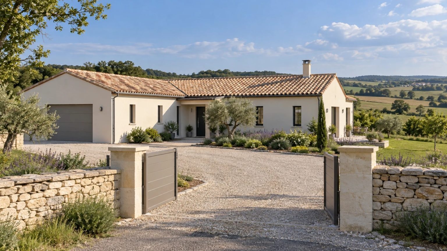 Illustration (image de synthèse) : pavillon neuf de plain-pied, enduit clair et tuiles, en Charente