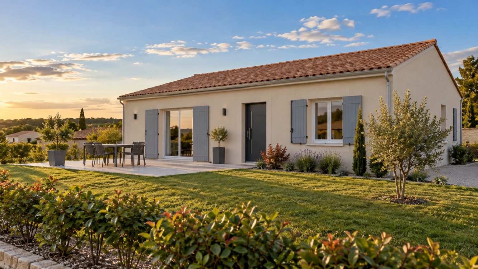 Illustration (image de synthèse) : pavillon neuf côté jardin avec terrasse, au coucher du soleil